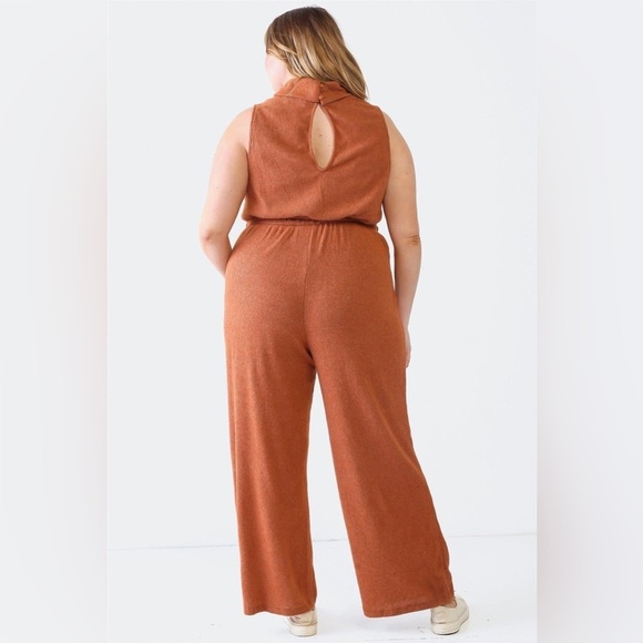 NWT-Plus Size Ribbed Sleeveless Turtle Neck Belted Jumpsuit - Picture 4 of 6